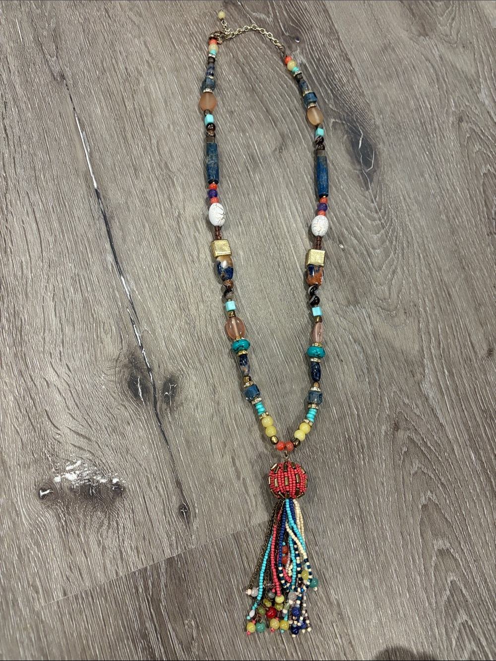 Chico's Multicolor Beaded Tassel Necklace with Red Accent